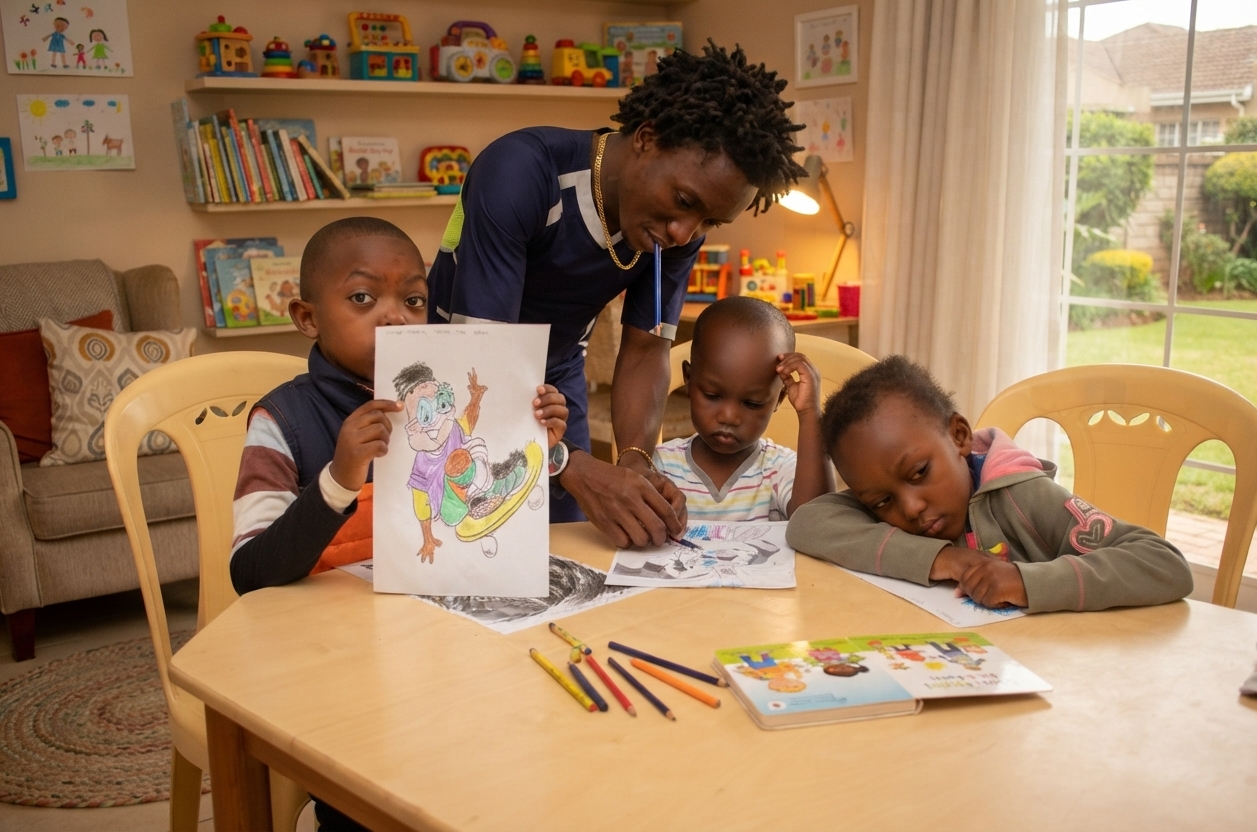 A parent guiding three children through a home learning activity