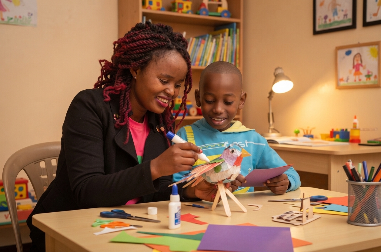 A teacher working closely one-on-one with a young learner